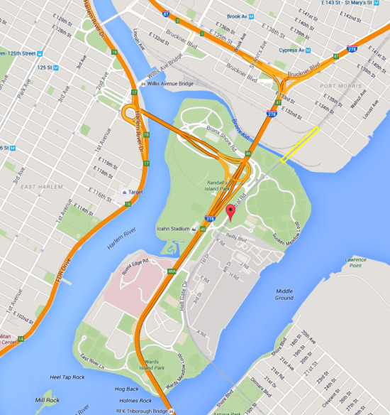 Randall's Island Connector is highlighted in yellow (Google Maps)