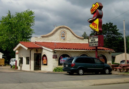 A Wausau, Wisconsin, Taco Bell with original design and first logo. Preservationists argue that architecture of roadside fast food should be honored as part of the American vernacular landscape (Wikipedia)