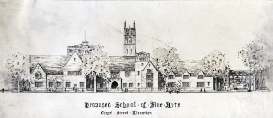 Hyman I. Feldman, (B.F.A. 1919), Proposed School of Fine Arts, Chapel Street elevation (1919). Feldman’s thesis project was used by Everett Victor Meeks to help persuade Yale University to expand the School of the Fine Arts. Courtesy Yale University Library Manuscripts and Archives. (Courtesy Yale School of Architecture)