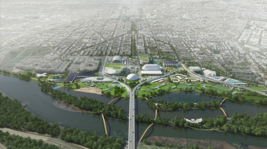 Aerial render, seen from the East, of "The Stitch" design concept. Rendering by Robata ©OMA