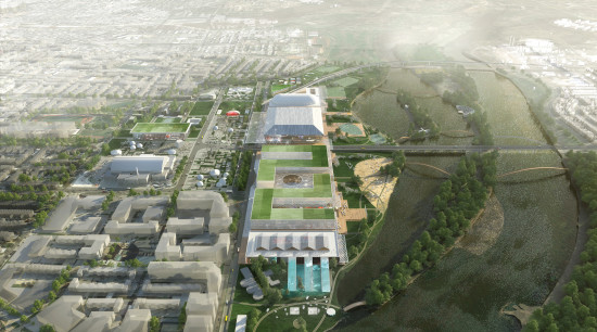 Aerial rendering, seen from the South, of the North-South design concept. Rendering by Robata ©OMA
