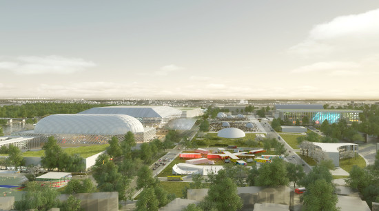 Aerial rendering, seen from the North, of the North-South design concept. Rendering by Robata ©OMA