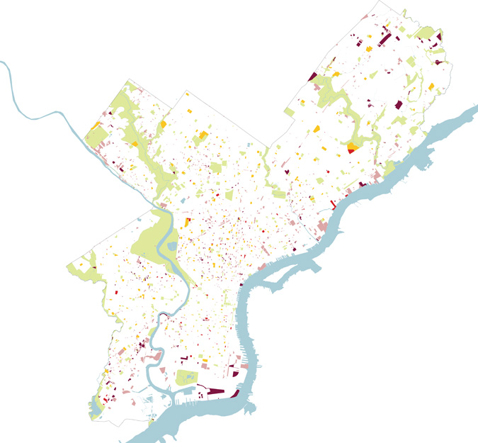 City owned schoolyards and vacant plots in Philadelphia.