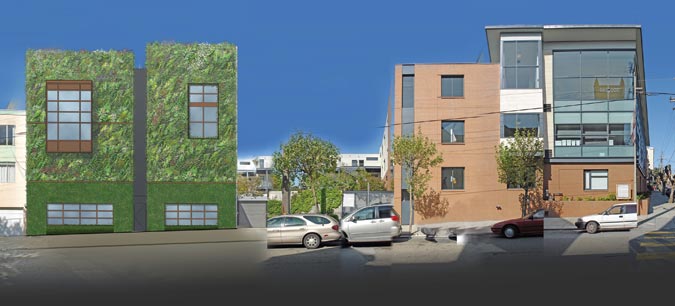 Rendering of a plant-covered wall for the Drew School in San Francisco.