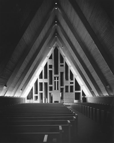 Interior view of the First Baptist Church in Columbus, Indiana.
