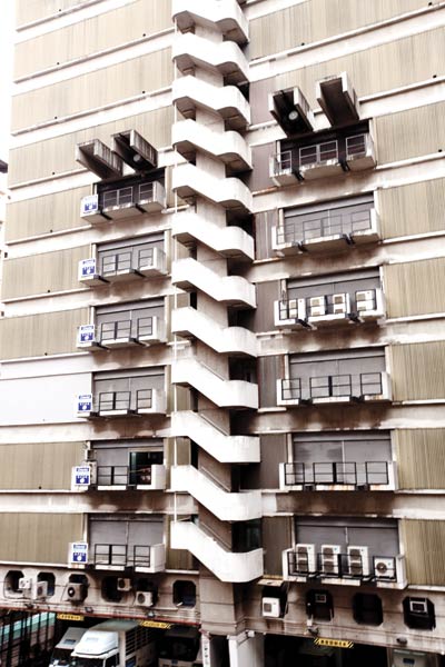 A stack of balconies used for dispatching goods in Hong Kong.