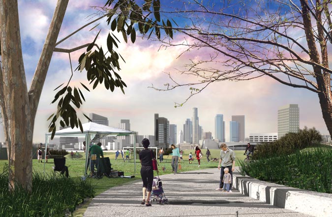 Conceptual rendering of new park space against the LA skyline.