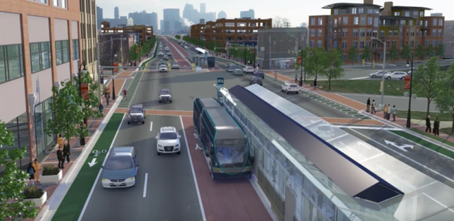 Rendering of BRT on Michigan Avenue and 14th Street in downtown Detroit (Courtesy RTA)