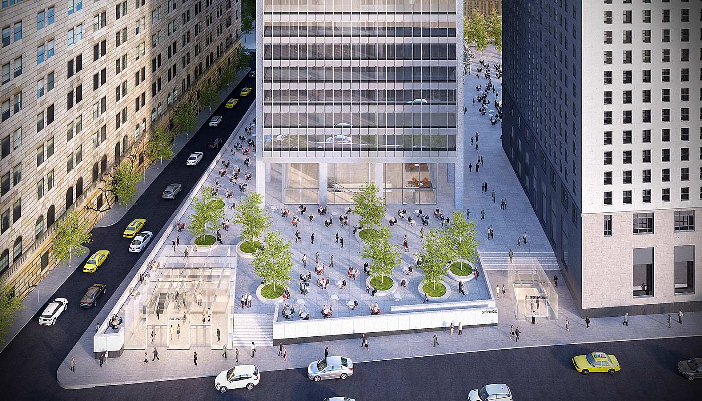 In August 2015, the LPC approved plans for glass pavilions that provide signature entrances to below-plaza retail. (Courtesy SOM)