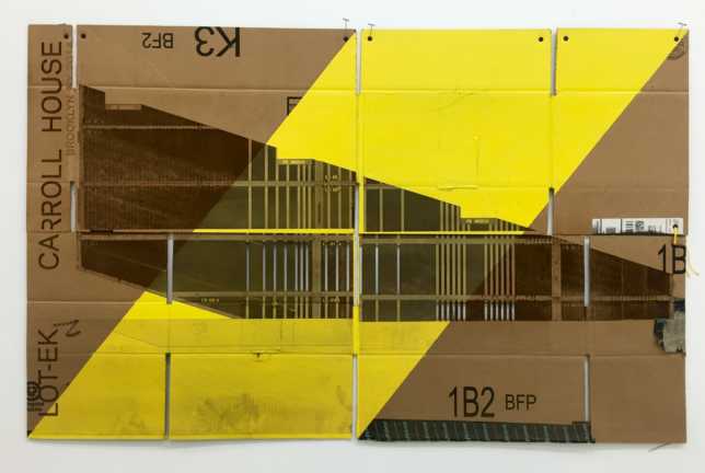 Foldable #10. 2016. Laser-cut upcycled, folded cardboard boxes, sprayed acrylic, grommets, yellow string, acid free glue, and artist’s metal hanging pins mounted on wood and metal frame. Titled, signed and dated verso. 44 x 28 inches. (Courtesy the artists and Alden Projects)
