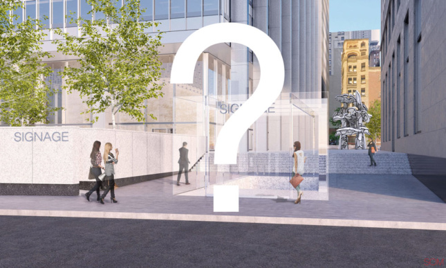 Construction on the plaza's glass pavilions appears to be on hold. (Rendering via SOM / montage by AN)
