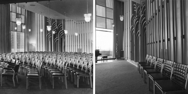 Alvar Aalto's interiors for 809 UN Plaza. (Wijnanda Deroo / images via DoCoMoMo : New York | Tri-State / montage by AN)