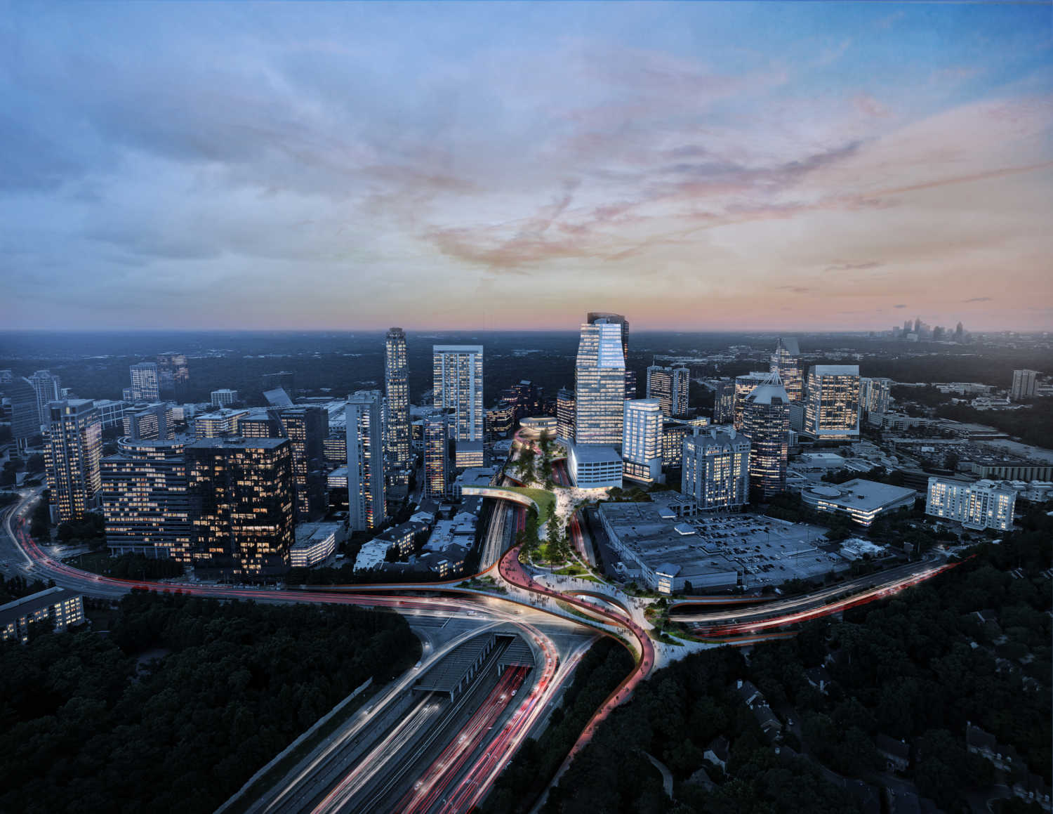 Aerial view of Buckhead Park over GA400 looking south at dusk. The park is expected to cost between $190 million to $245 million. (Courtesy Rogers Partners / Nelson Byrd Woltz)