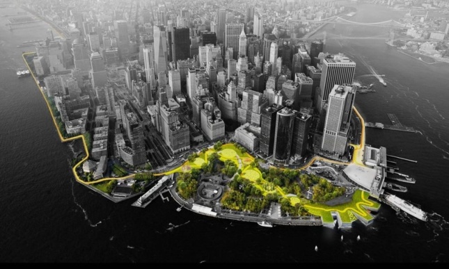 Though this rendering depicts the BIG U, the competition-winning design for lower Manhattan's resiliency, the LMCR, now in its planning phase, will cover a similar area around Battery Park City. (Courtesy BIG)