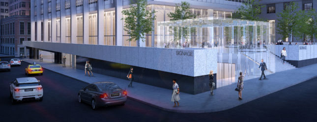 Rendering of proposed glass pavilions at 28 Liberty. (Courtesy SOM)