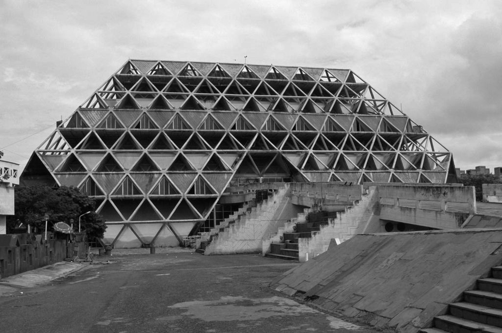 black and white photo of a trapezoidal pyramid