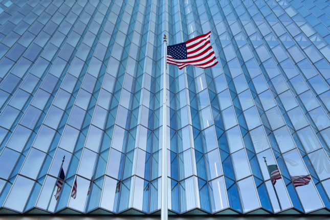 A large faceted glass curtain wall, an example of modern federal architecture