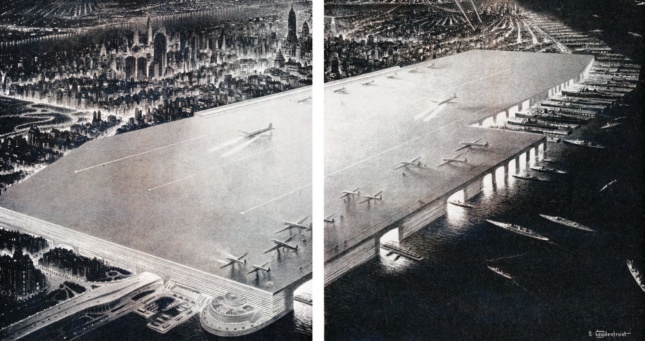 William Zeckendorf's 1945 idea for a $3 Billion Manhattan and East River airport. This project can be found at the Never Built New York exhibition in Queens. (Metropolis Books)