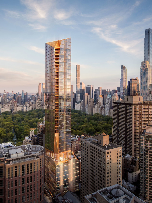 Rendering of a bronzed tower against Central Park