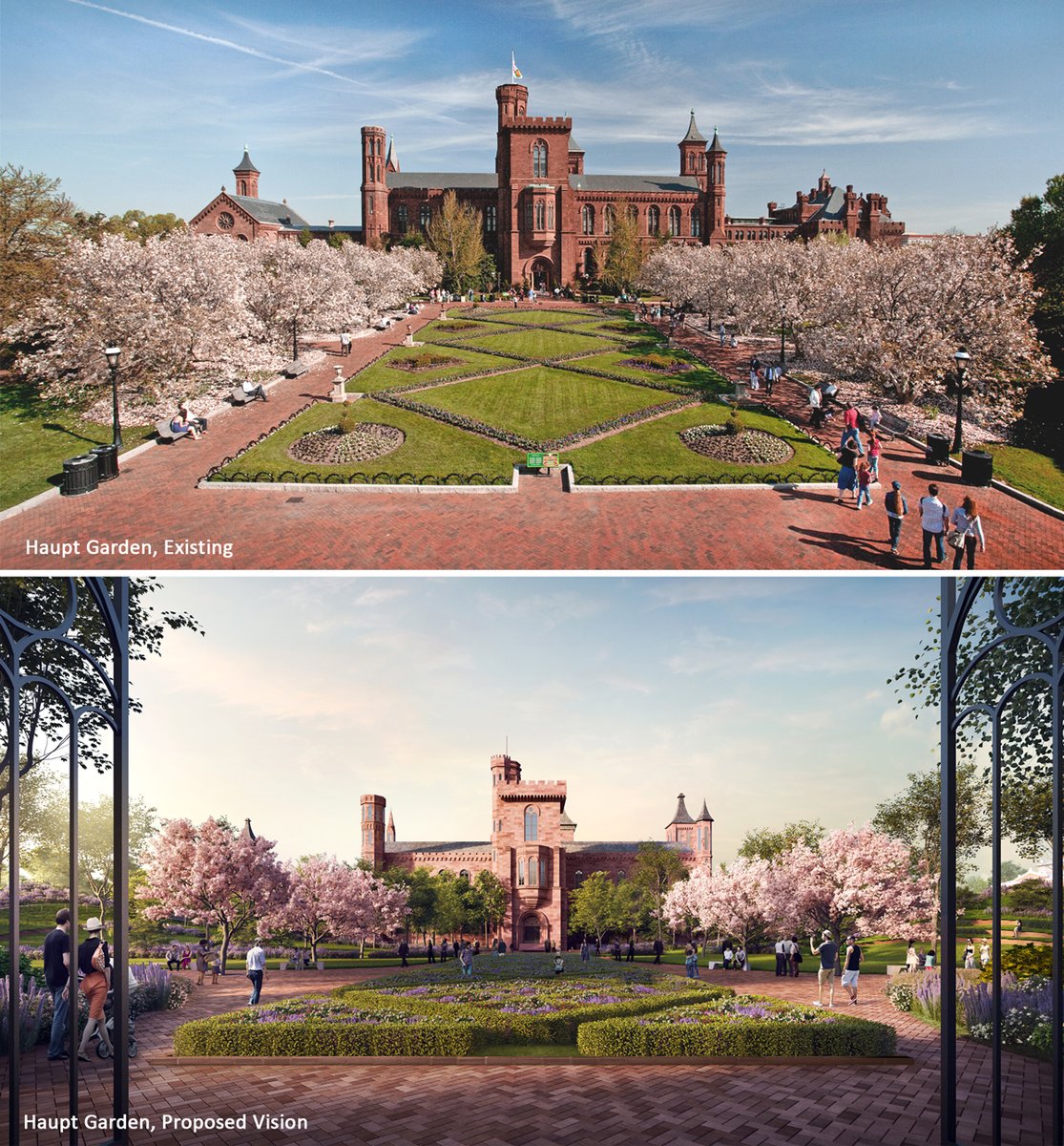 a before and after shot of the smithsonian haupt garden renovations
