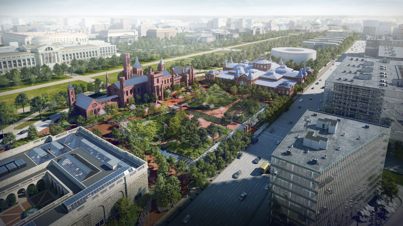 An updated aerial rendering of the Smithsonian Institution's South Campus, which will preserve the Haupt Garden. (Courtesy Bjarke Ingels Group and Brick)