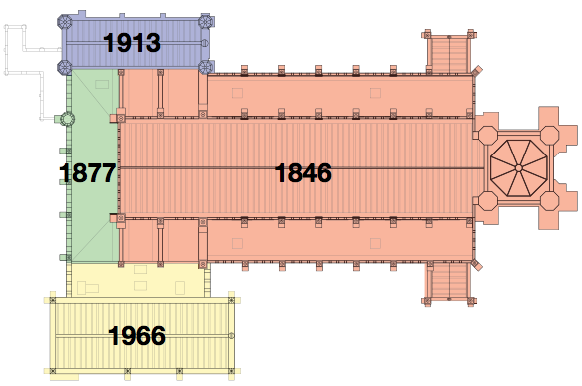 Diagram showing the main church, built 1846, and subsequent additions. (MBB/Image via LPC)