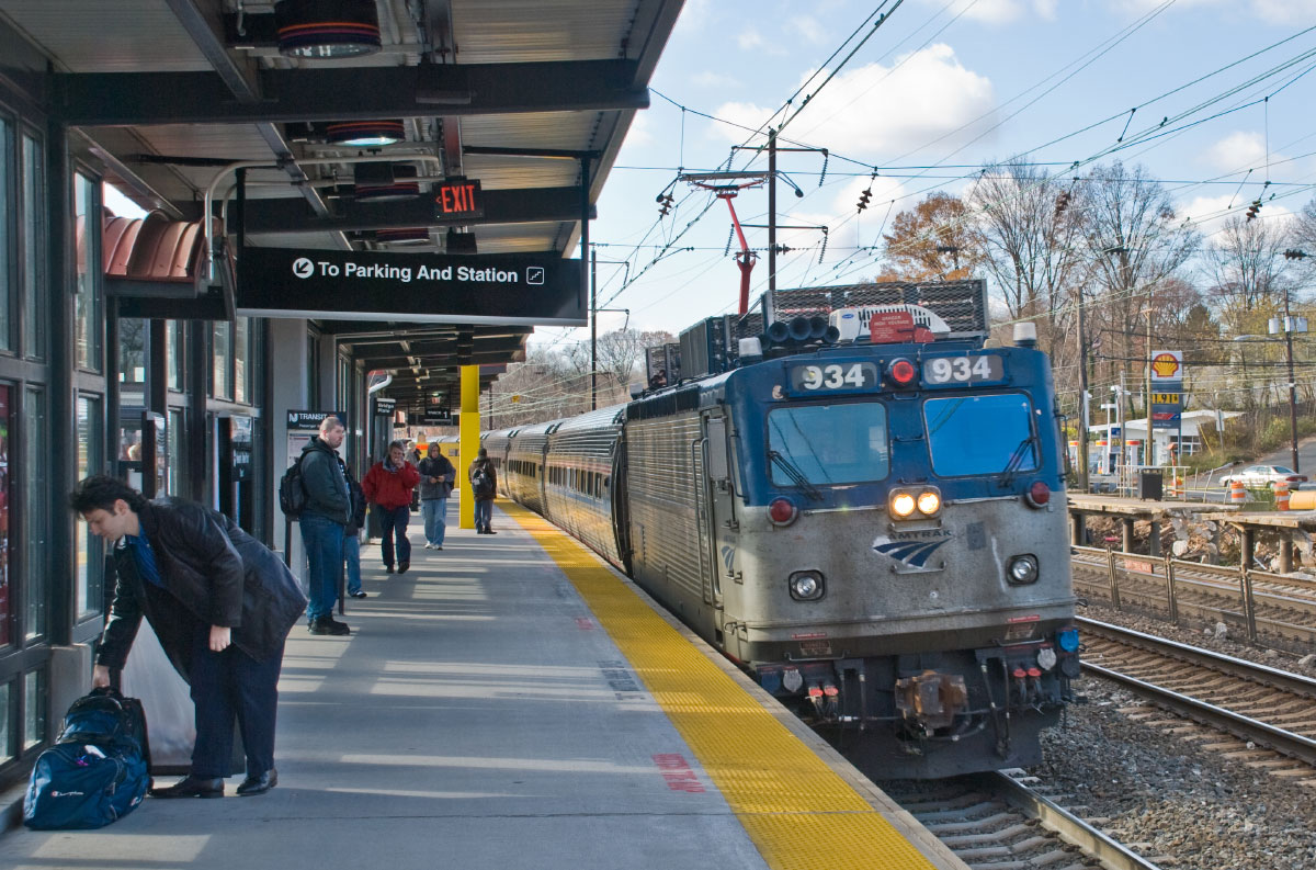 An Amtrak train pulling into a New Jersey station. (Phillip Capper/Flickr)