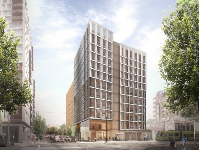 Rendering of mass timber highrise by LEVER Architecture