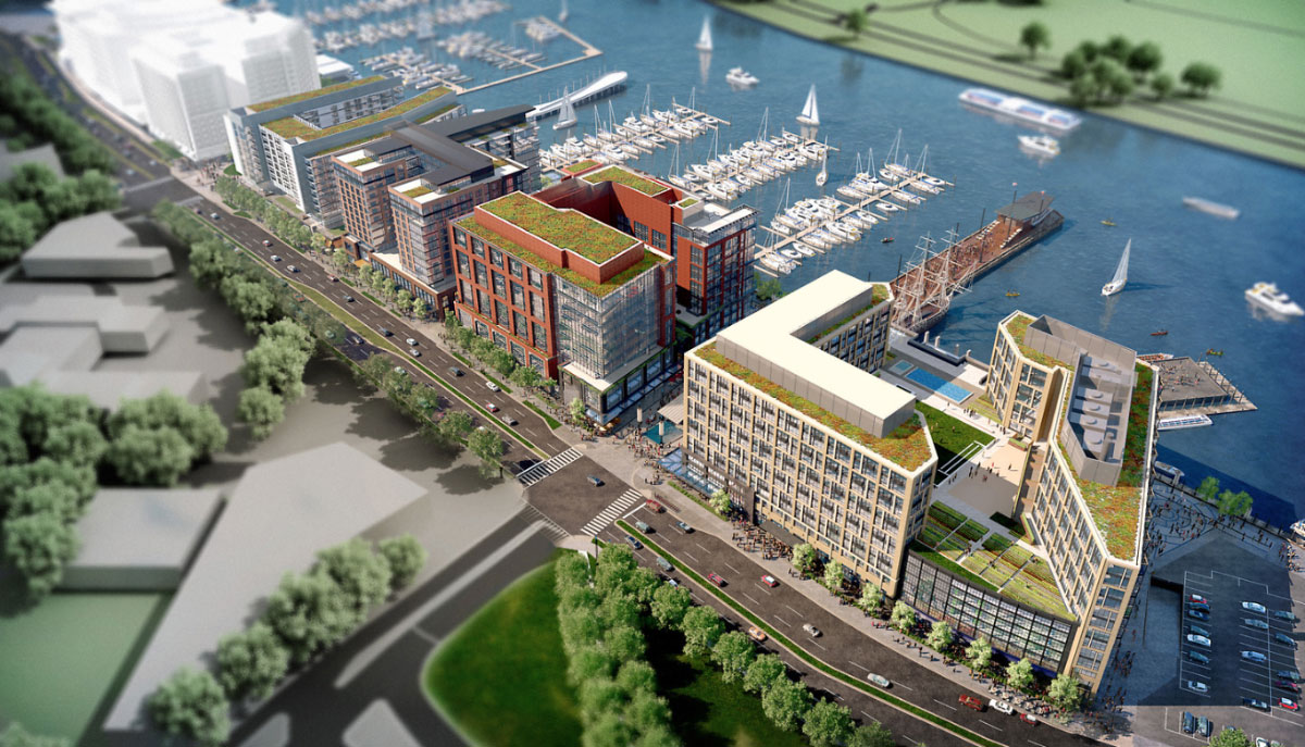Aerial rendering of The Wharf's first phase. (Courtesy PN Hoffman & Associates Inc.)