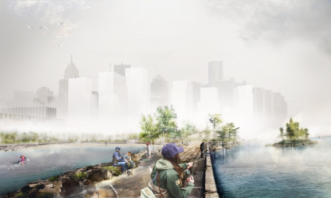 Rendering of fishing pier in Detroit's West Riverfront Park (Courtesy MVVA and Detroit Riverfront Conservancy)