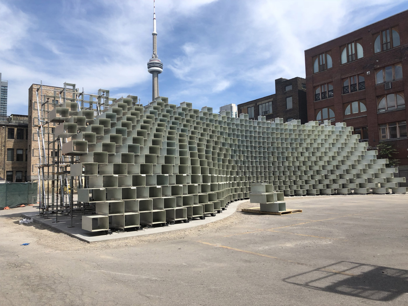 BIG's 2016 Serpentine pavilion being reconstructed in front of CN Tower. (Courtesy Westbank)