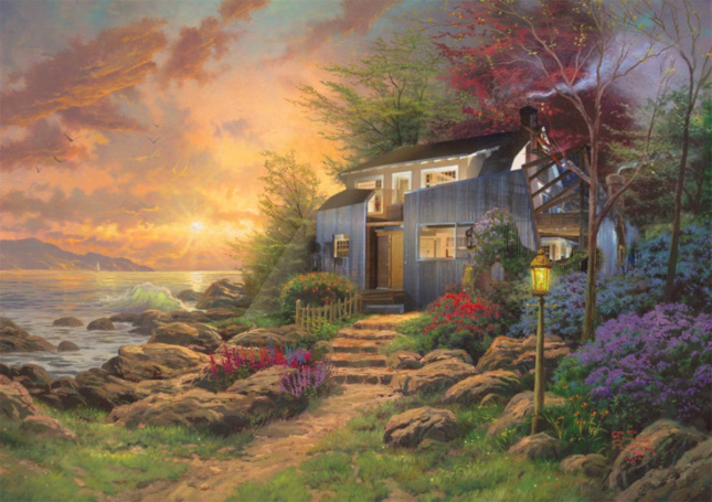 Frank Gehry's Gehry Residence inside a Thomas Kinkade painting