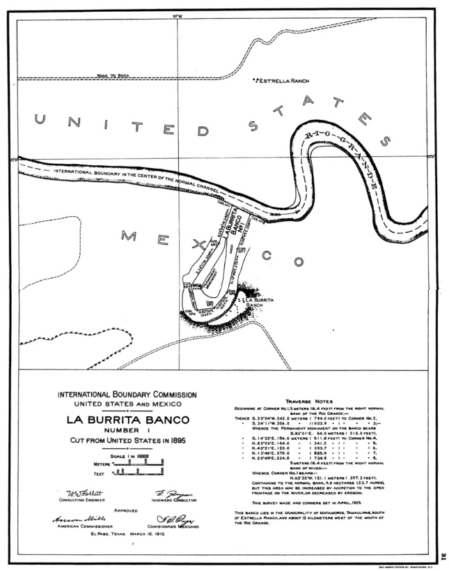 A map of the 1910 International Boundary Commission Survey of La Burrita Banco