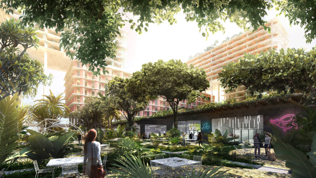 A rendering showing the landscaped greenery at the Miami Produce Center