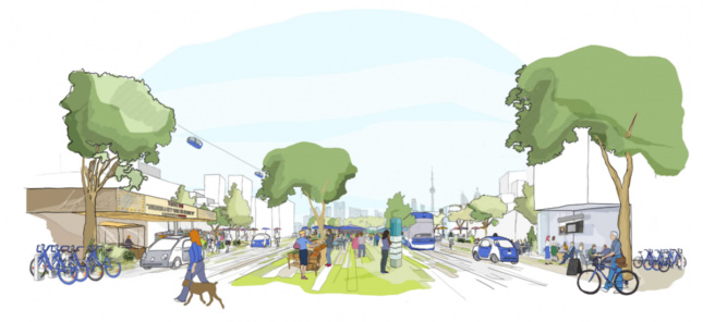 A rendering of a smart shared street in Toronto by Sidewalk Labs 