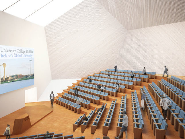 Interior rendering of the Centre's 12-sided auditorium, which references the 1972 water tower at UCD.