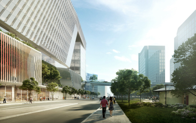 Rendering of the ground-level view outside the addition to Adobe's San Jose headquarters