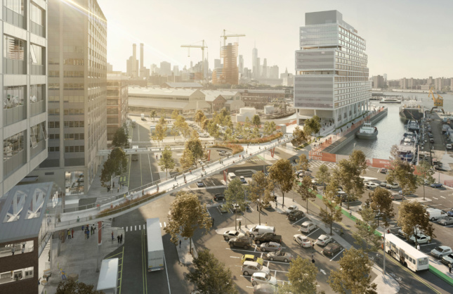 A rendering of the potential BNY Bridge from Dock 72 to the street outside the Brooklyn Navy Yard