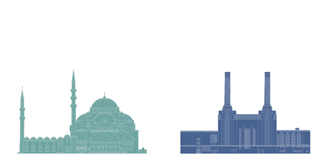 Elevations of the Suleymaniye Mosque and the Battersea Power Station