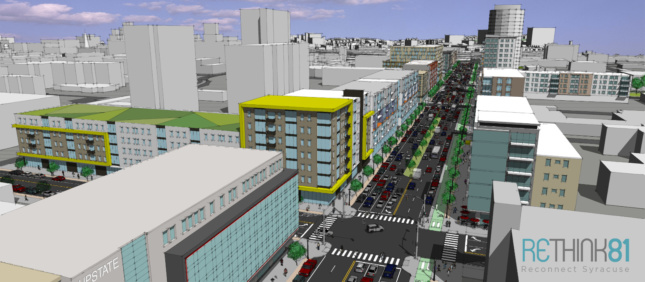 Before and after renderings of the proposed street grid for I-81 reveal a tree-lined, walkable street for downtown Syracuse. Shown here: Harrison Street looking north