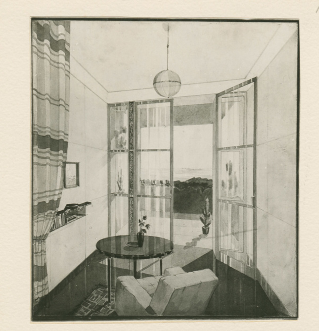 Antonin Urban, Perspective and wall elevations of the entrance hall of a living unit, 1935
