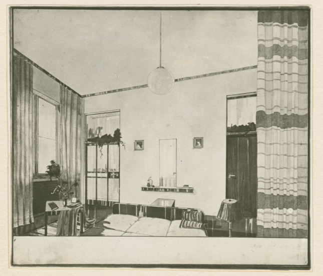 Antonin Urban, Perspective and wall elevations of the bedroom of a living unit, 1935