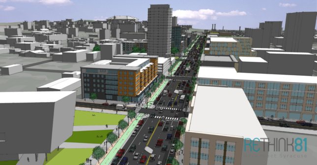 View above Washington Street South with proposed street grid (Courtesy ReThink81)