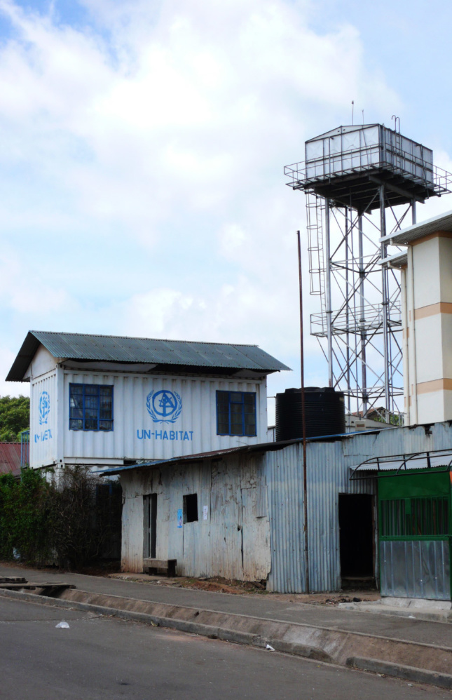 A UN field office on the main road leading into Kibera, an area of Nairobi that is the site of an ongoing "slum upgrading process" undertaken by the Kenyan government in partnership with UN-Habitat.