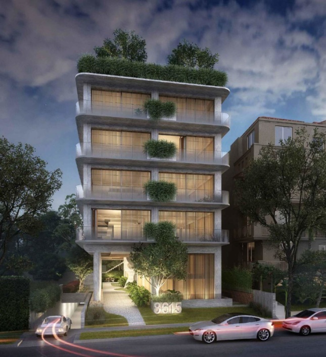 Rendering of Marcello Pozzi's brutalist 8615 West Knoll Drive apartment building