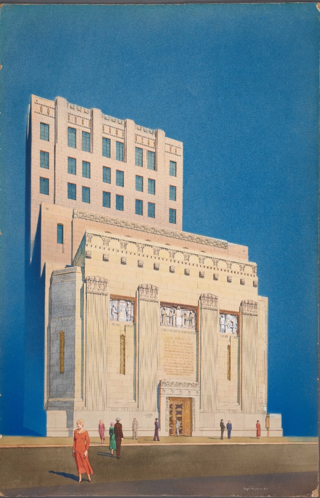 Roger Hayward (1899-1979), renderer, Los Angeles Stock Exchange, façade, ca. 1929. Samuel E. Lunden (1897-1995), architect, John Parkinson (1861-1935) and Donald Parkinson (1895- 1945), consulting architects