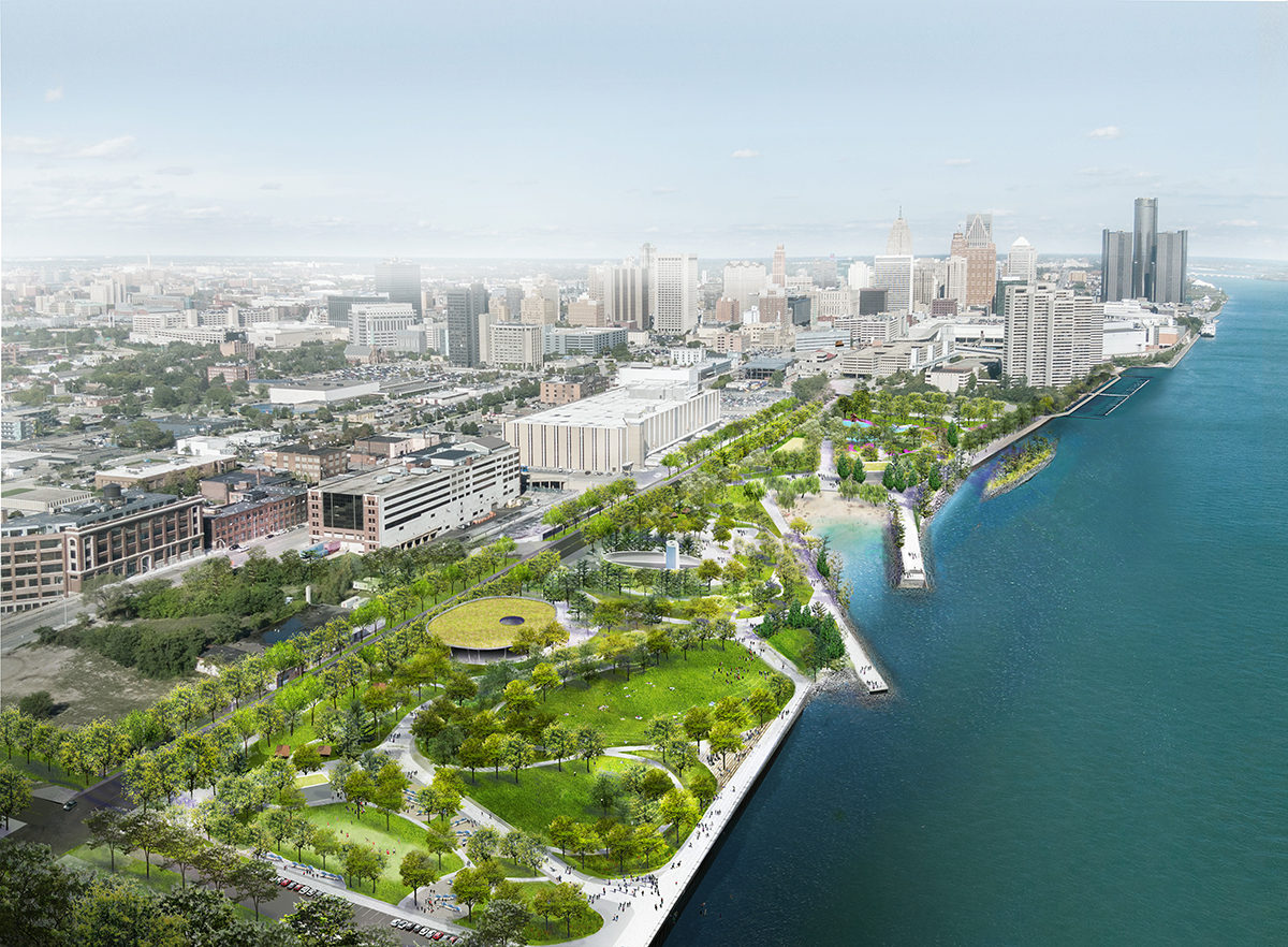 Aerial rendering of MVVA's West Riverfront Park in Detroit