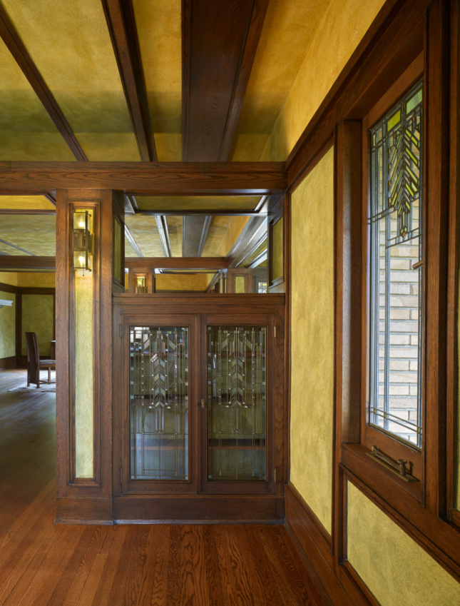 Wright's intricately patterned leaded windows were restored and reinstalled.