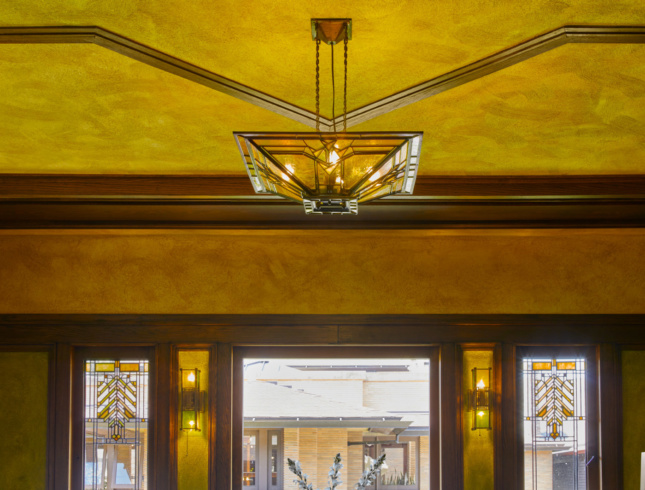 The project restored Wright's original glass fixtures throughout.