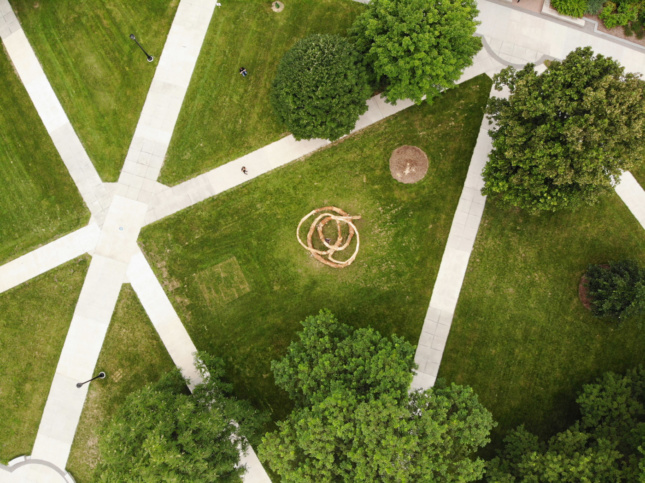 An aerial view of LOG KNOT on the Agriculture Quad.